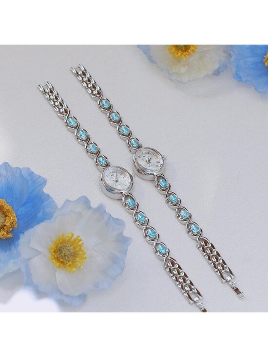 Women\'s Silver Blue Vintage Bracelet Elegant Jade Oval Dial Quartz Wrist Watch